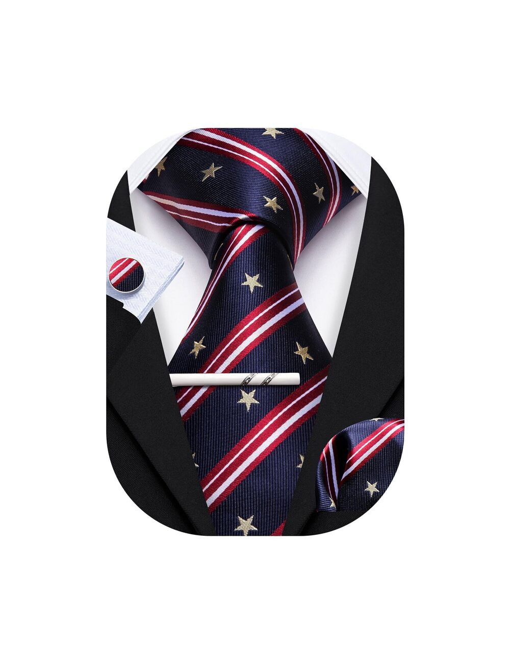 9652 American Flag Tie Navy Blue Necktie with Tie Clip USA Flag Silk Pocket